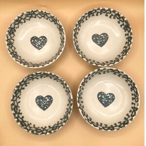 Tienshan Folk Craft Green Spongeware Hearts Bowls set of 4 pre owned vintage